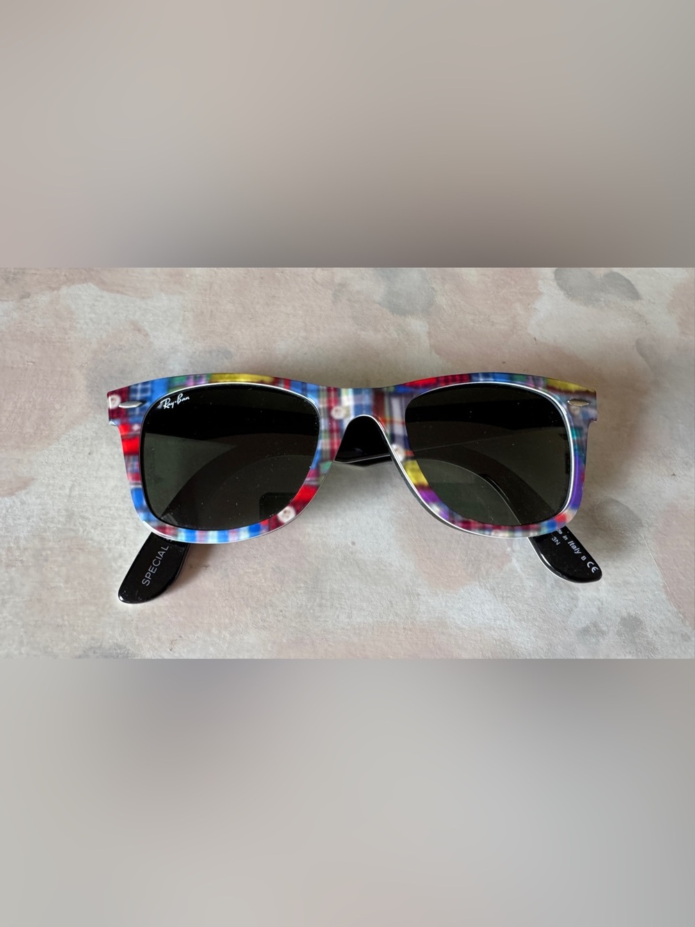 Ray-Ban Wayfarer RB2140 Sunglasses - Multicolor Plaid Frame with Black Lenses